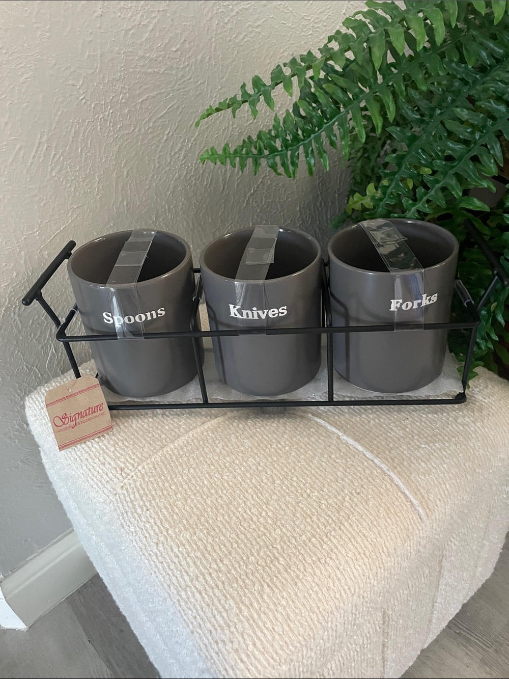 Signature Gray Utensil Holder Set with Metal Tray - Spoons Knives Forks